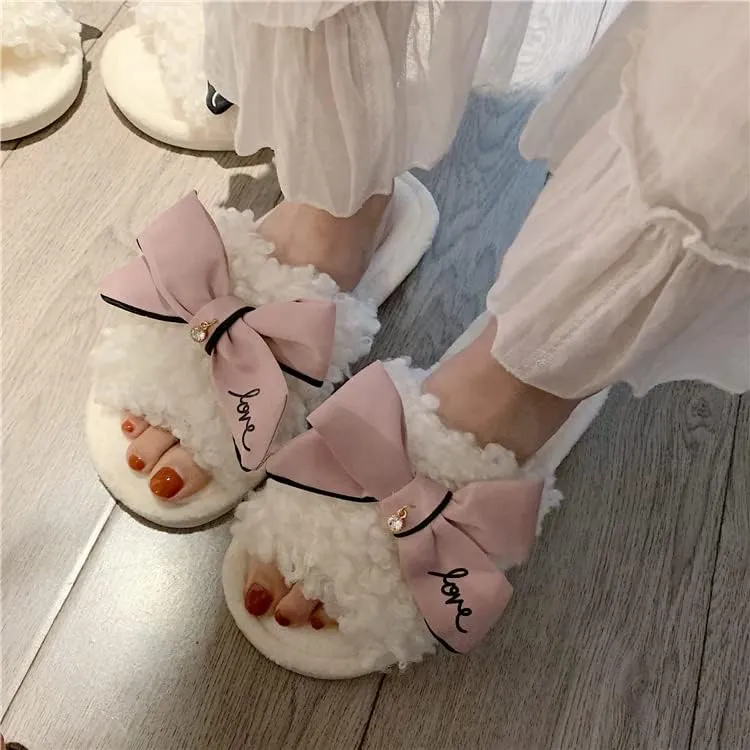 Kawaii Open Toe Slippers Women's Soft Bow Tie Fluffy Cozy House Shoes Sandals Fur Warm Comfy Slip On Slide Slippers