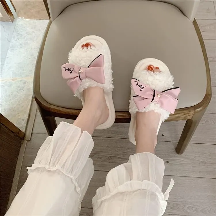Kawaii Open Toe Slippers Women's Soft Bow Tie Fluffy Cozy House Shoes Sandals Fur Warm Comfy Slip On Slide Slippers