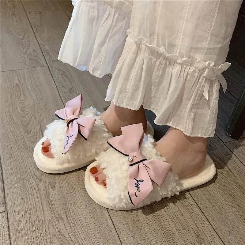 Kawaii Open Toe Slippers Women's Soft Bow Tie Fluffy Cozy House Shoes Sandals Fur Warm Comfy Slip On Slide Slippers