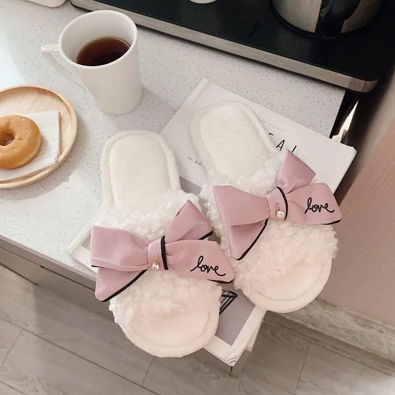 Kawaii Open Toe Slippers Women's Soft Bow Tie Fluffy Cozy House Shoes Sandals Fur Warm Comfy Slip On Slide Slippers