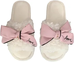 Kawaii Open Toe Slippers Women's Soft Bow Tie Fluffy Cozy House Shoes Sandals Fur Warm Comfy Slip On Slide Slippers