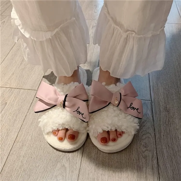 Kawaii Open Toe Slippers Women's Soft Bow Tie Fluffy Cozy House Shoes Sandals Fur Warm Comfy Slip On Slide Slippers