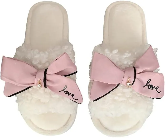 Kawaii Open Toe Slippers Women's Soft Bow Tie Fluffy Cozy House Shoes Sandals Fur Warm Comfy Slip On Slide Slippers