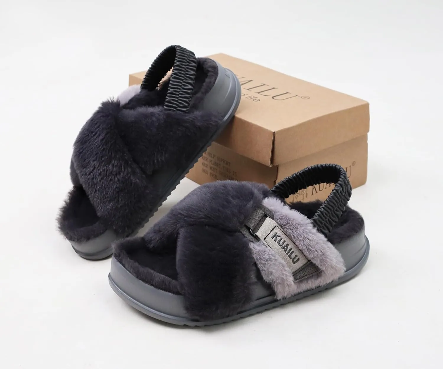 KuaiLu Womens Fuzzy Criss Cross Band Platform Slippers Arch Support Furry Faux Fur Ladies Open Toe Cozy Soft Plush Fleece Comfy House Shoes Sandals