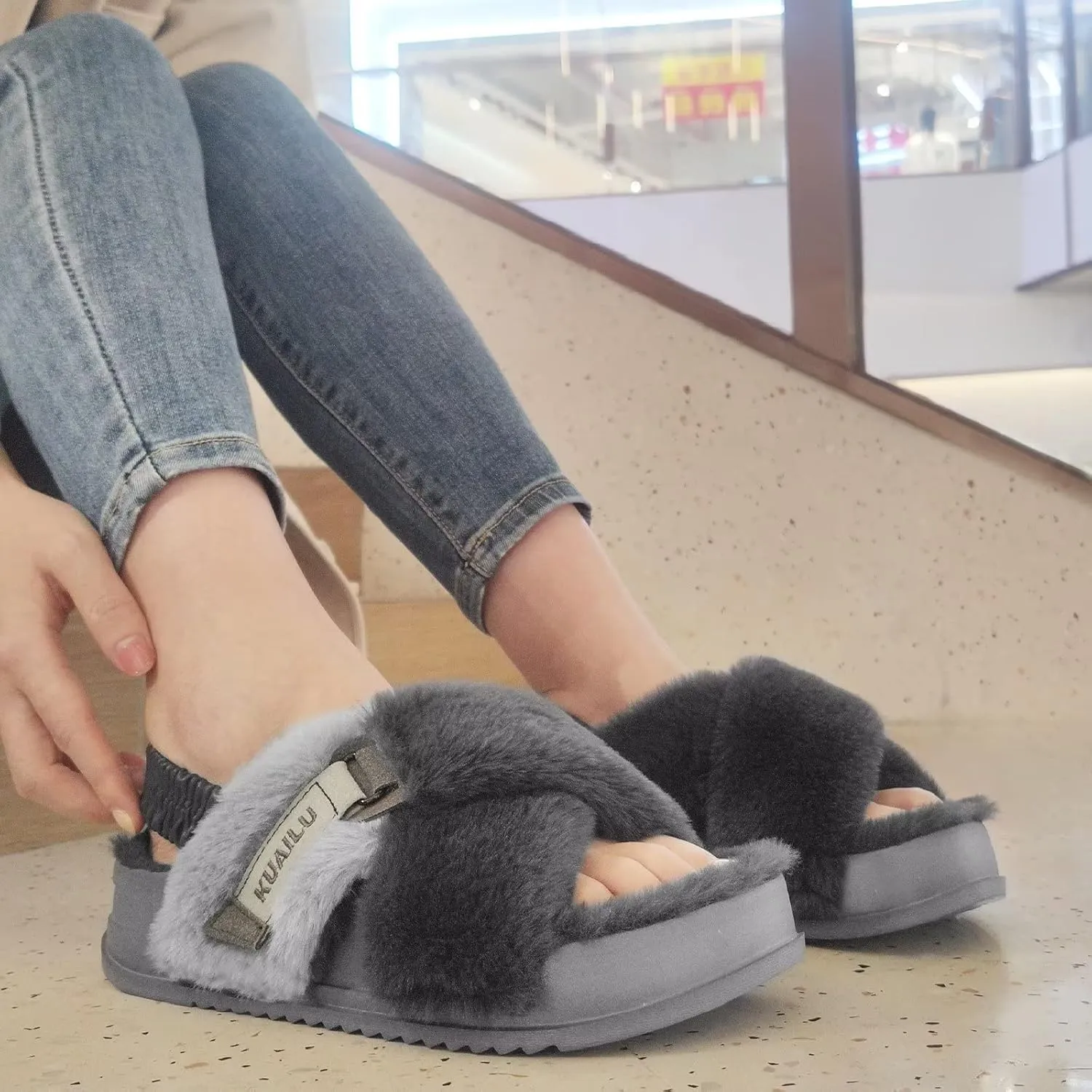 KuaiLu Womens Fuzzy Criss Cross Band Platform Slippers Arch Support Furry Faux Fur Ladies Open Toe Cozy Soft Plush Fleece Comfy House Shoes Sandals