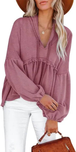 Limerose Womens Tunic Top Casual Long Sleeves Peplum Babydoll Ruffle Knit Hoodies Pullover