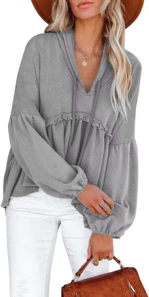 Limerose Womens Tunic Top Casual Long Sleeves Peplum Babydoll Ruffle Knit Hoodies Pullover