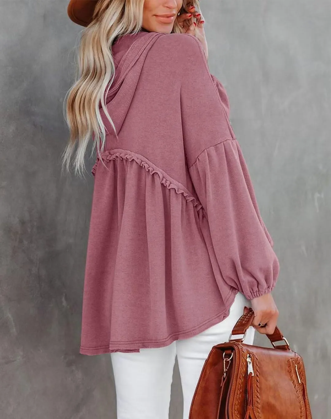 Limerose Womens Tunic Top Casual Long Sleeves Peplum Babydoll Ruffle Knit Hoodies Pullover
