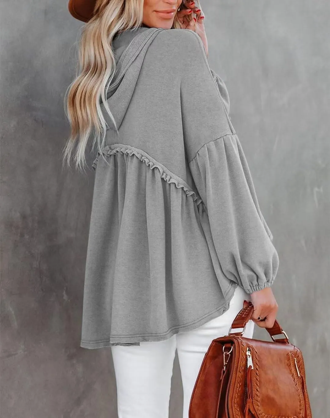 Limerose Womens Tunic Top Casual Long Sleeves Peplum Babydoll Ruffle Knit Hoodies Pullover