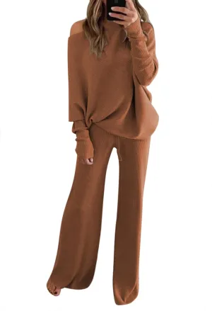 Linsery Women 2 Piece Sweater Sets High Neck Knitted Pullover Wide Leg Casual Sweatsuit