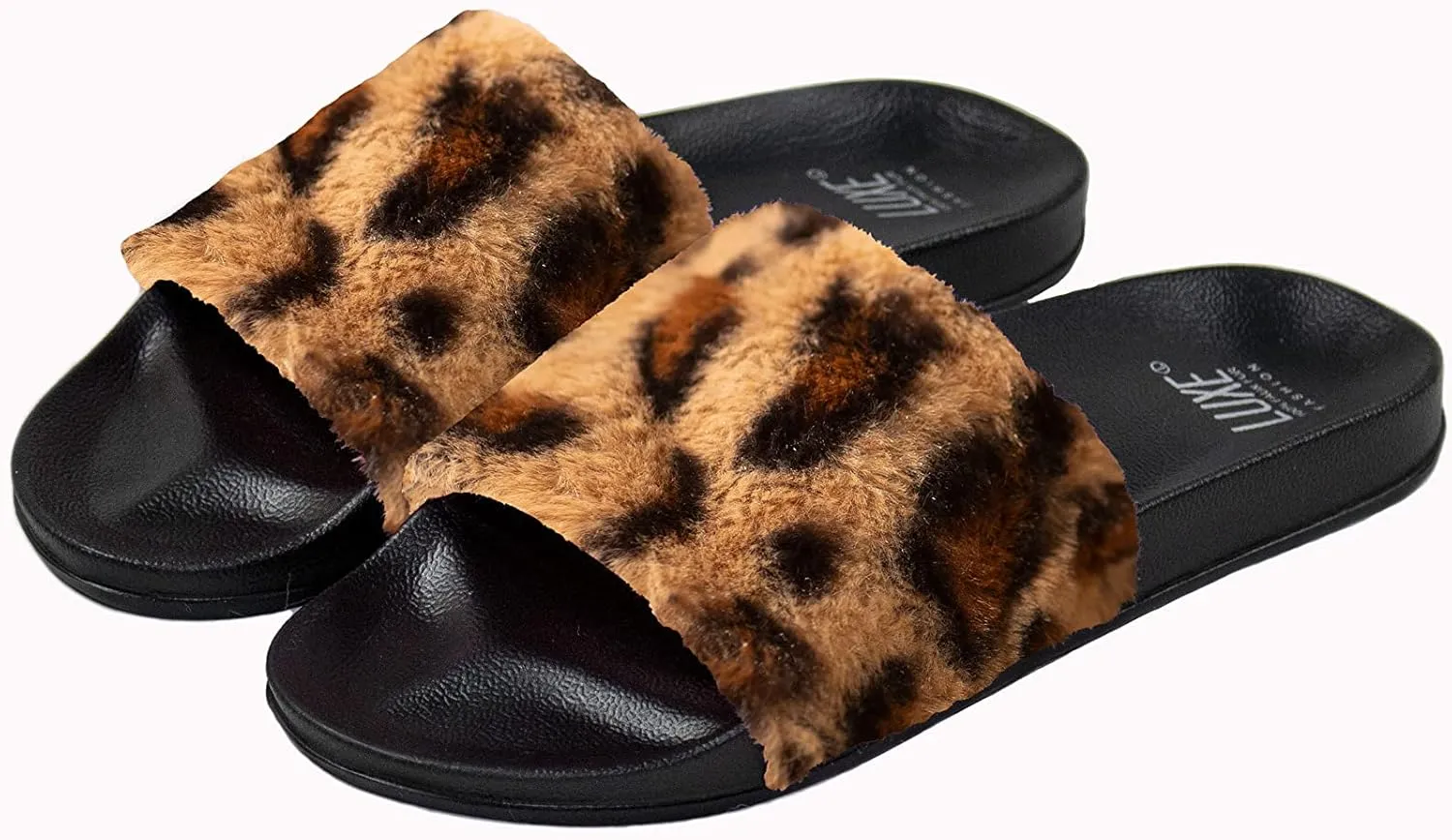 Luxe Women's Faux Sheepskin Fur Fuzzy Flat Slide Sandals Open Toe Furry Slippers Soft Cozy Plush Fluffy Indoor Slip-Ons