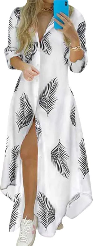 MAYRAIN Womens Summer Open Front Long Dress Casual Button Down Fitted Dresses Long Sleeve Blouse Print Maxi Dress