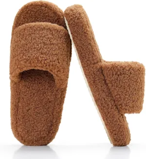 Parlovable Fuzzy Slippers for Women Open Toe Curly Fur Fluffy House Shoes Memory Foam Thick Sole Non-Slip Slides Cozy Sandals Indoor Outdoor