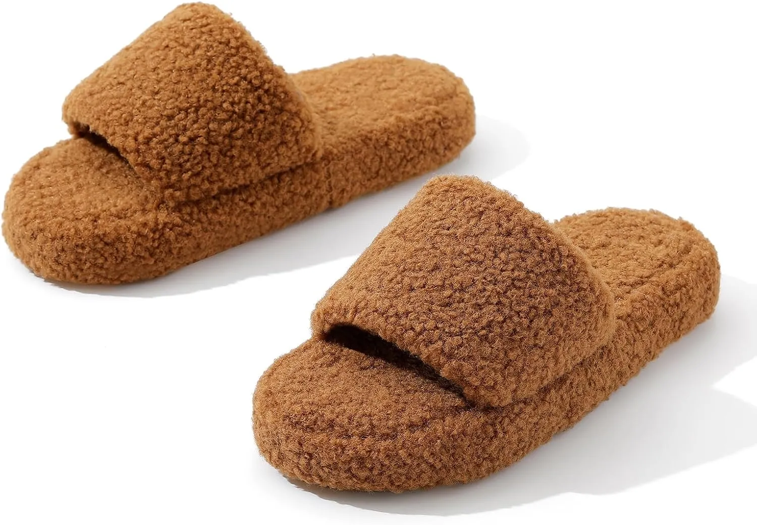 Parlovable Fuzzy Slippers for Women Open Toe Curly Fur Fluffy House Shoes Memory Foam Thick Sole Non-Slip Slides Cozy Sandals Indoor Outdoor