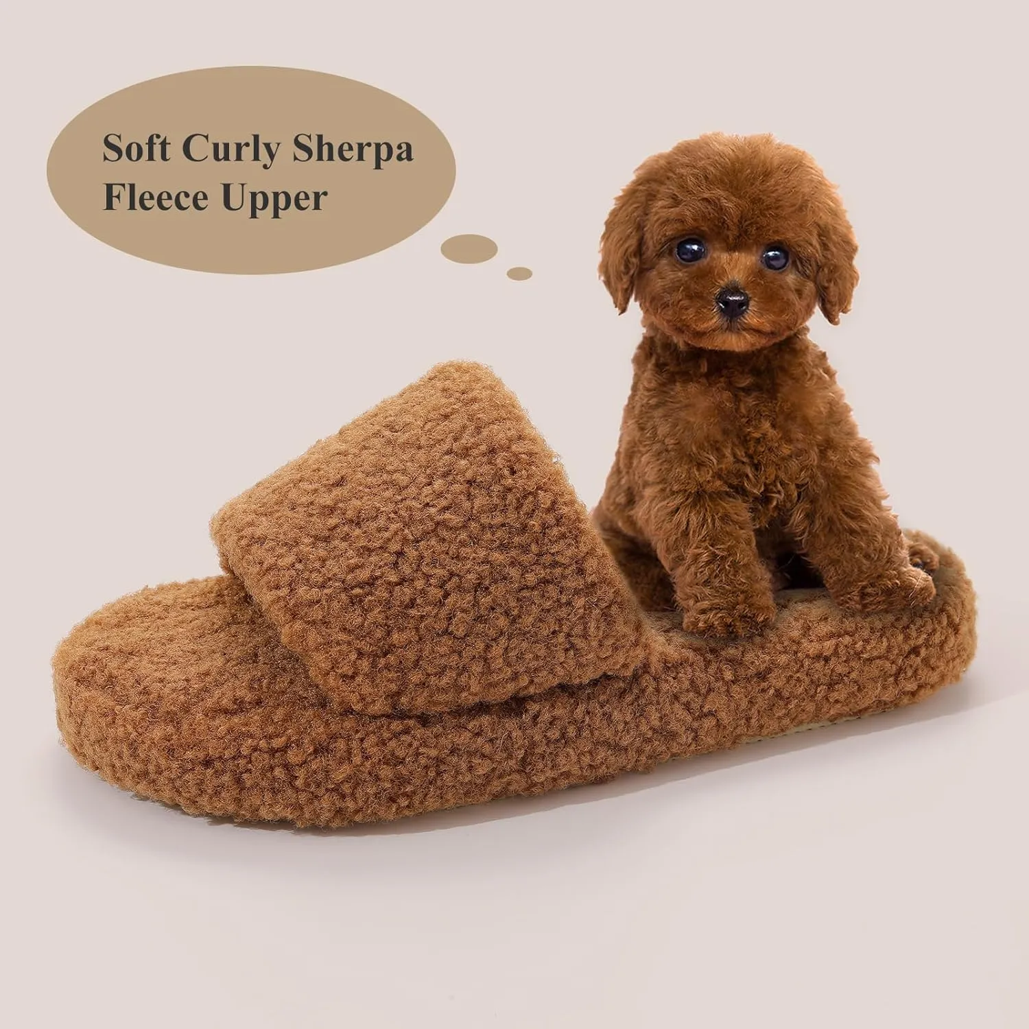 Parlovable Fuzzy Slippers for Women Open Toe Curly Fur Fluffy House Shoes Memory Foam Thick Sole Non-Slip Slides Cozy Sandals Indoor Outdoor