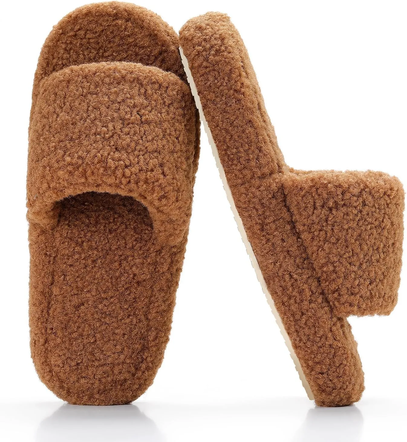 Parlovable Fuzzy Slippers for Women Open Toe Curly Fur Fluffy House Shoes Memory Foam Thick Sole Non-Slip Slides Cozy Sandals Indoor Outdoor