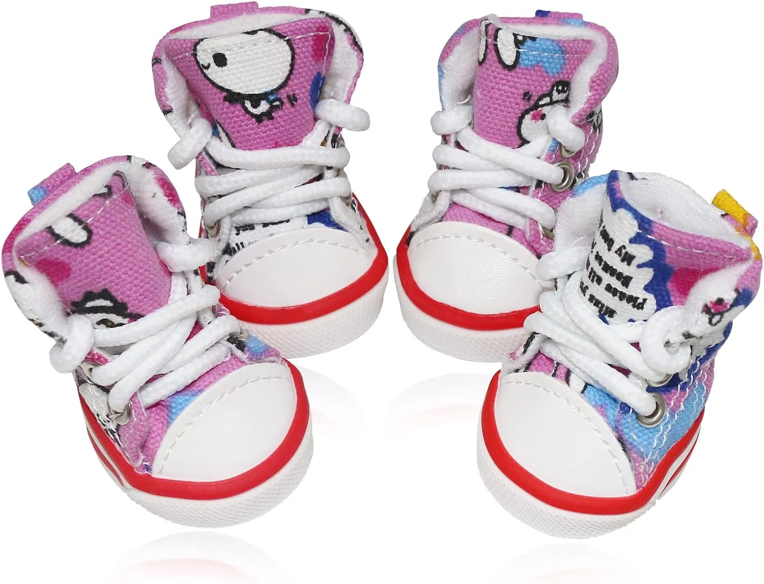Pet Dog Shoes, BESUNTEK 4Pcs Puppy Canvas Sport Sneaker Boots for Outdoor Walking and Sports, Non-Slip Paw Protective Cover with Graffiti Design for Hot Pavement and Casual (Pink, #5)