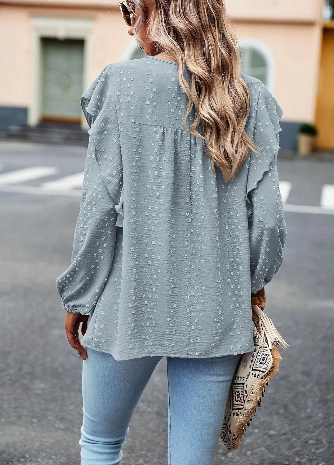 PRETTYGARDEN Women's Long Sleeve Blouses Ruffle Swiss Dot Crochet Loose Fit 2025 Spring Fall Tunic Dressy Casual Tops