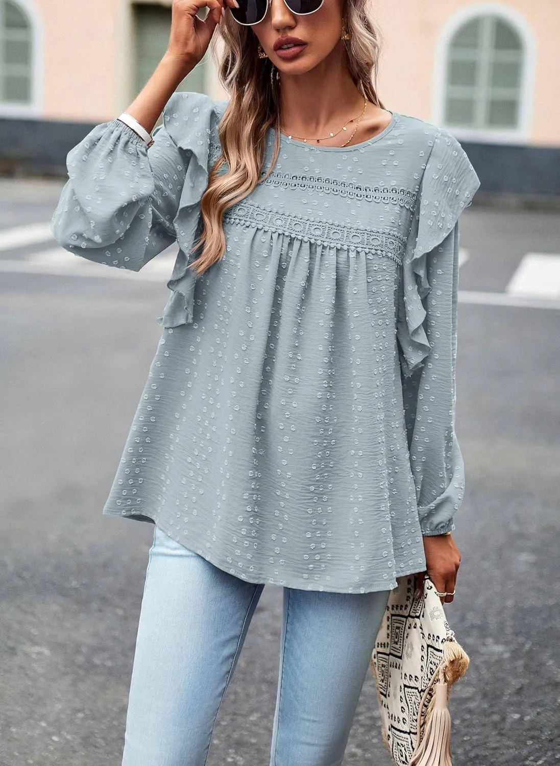 PRETTYGARDEN Women's Long Sleeve Blouses Ruffle Swiss Dot Crochet Loose Fit 2025 Spring Fall Tunic Dressy Casual Tops