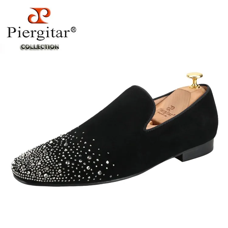 Summer black matte leather men's one-pedal red-soled shoes, silver hot diamond European and American loafers, breathable leather inner lining