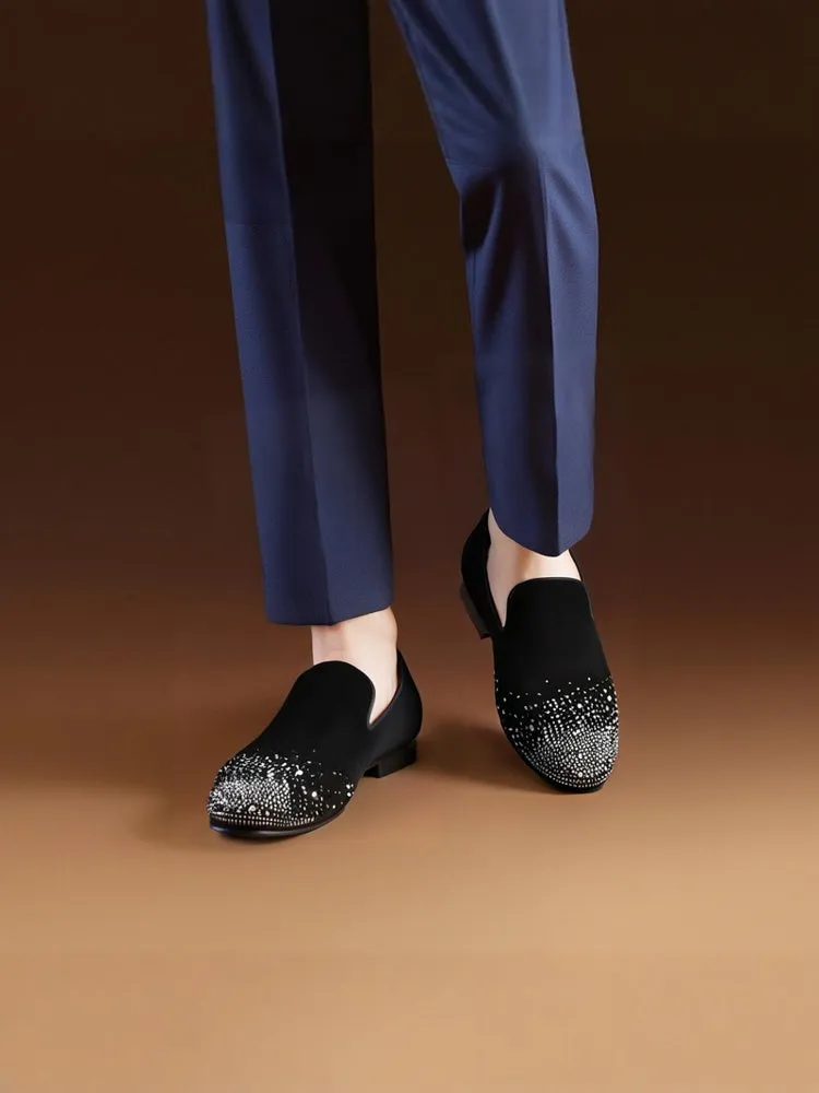 Summer black matte leather men's one-pedal red-soled shoes, silver hot diamond European and American loafers, breathable leather inner lining