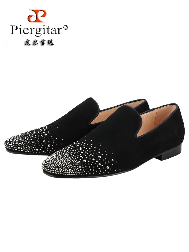 Summer black matte leather men's one-pedal red-soled shoes, silver hot diamond European and American loafers, breathable leather inner lining