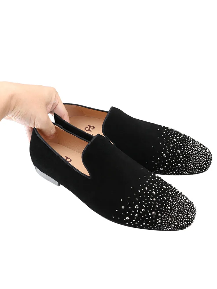 Summer black matte leather men's one-pedal red-soled shoes, silver hot diamond European and American loafers, breathable leather inner lining