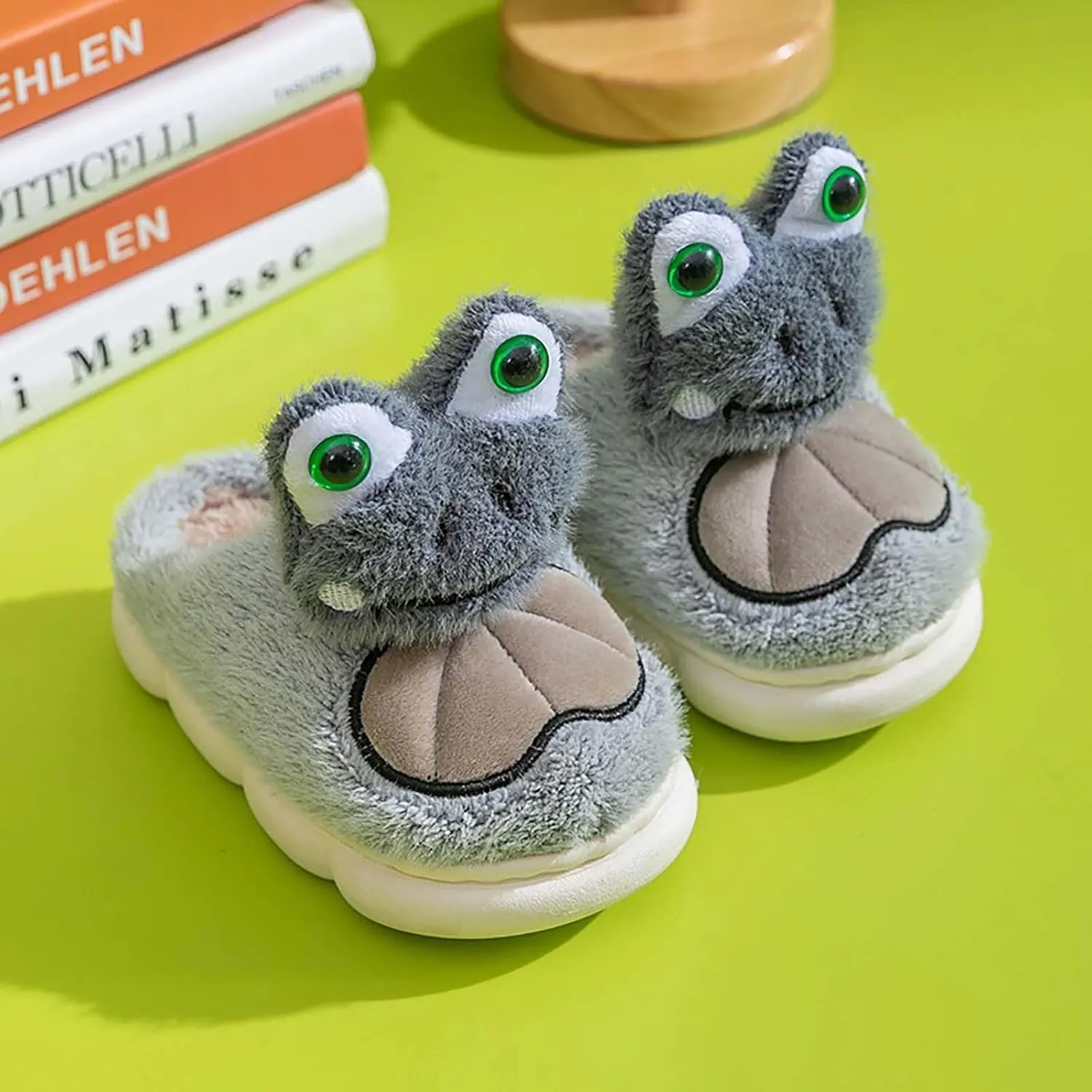 Toddler Cute 3D Frog Pattern Fuzzy Slippers Cotton 𝐂artoon Sandals Cozy Warm Plush Slip On House Slippers Big Slippers
