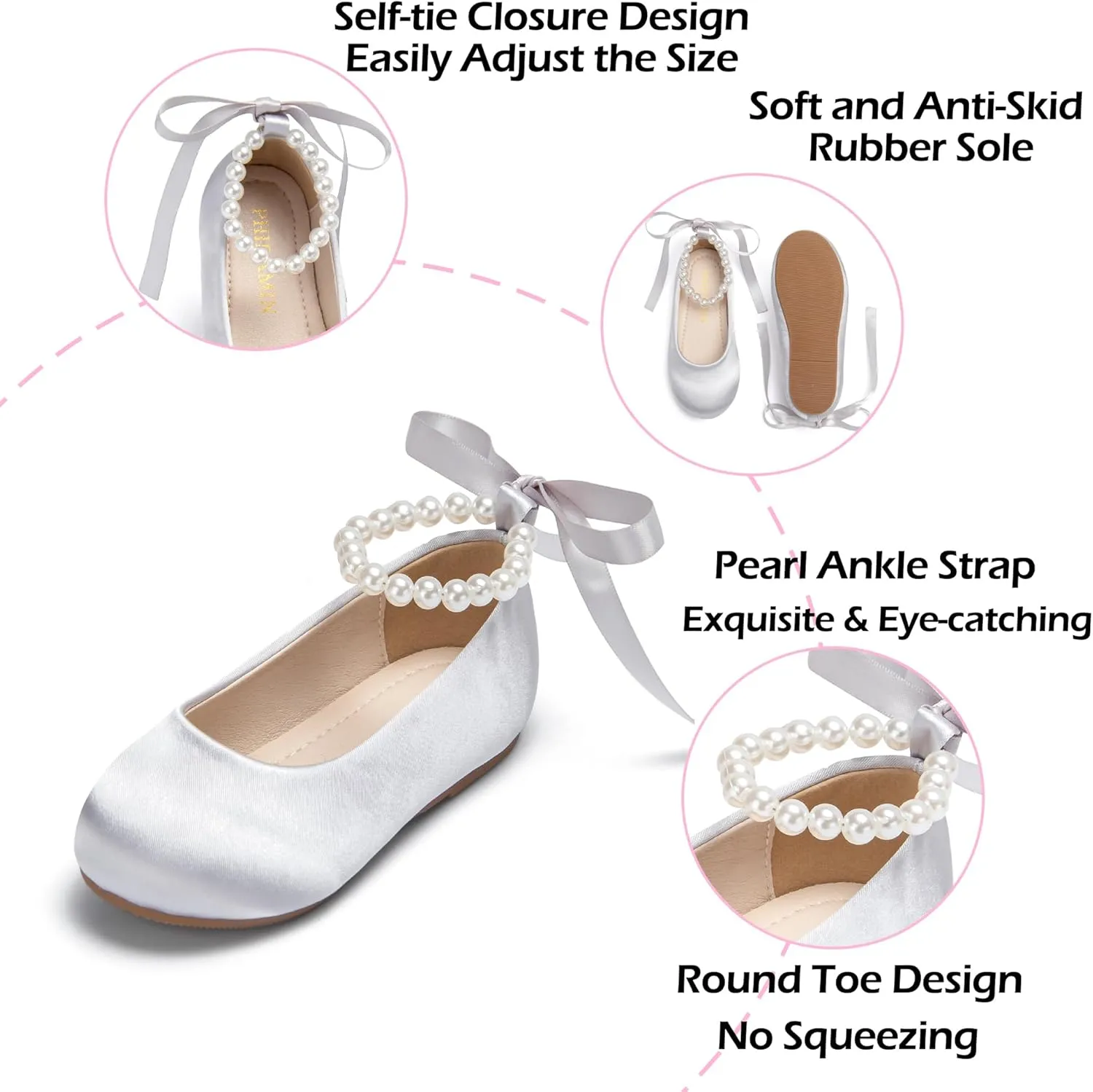 Toddler Flower Girl Dress Shoes - Little Girl Ballet Flats Pearl Strap for Wedding Party