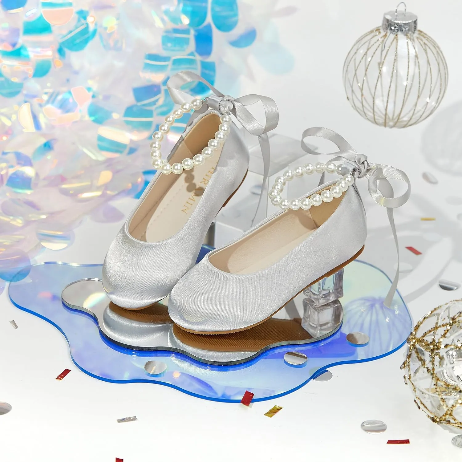 Toddler Flower Girl Dress Shoes - Little Girl Ballet Flats Pearl Strap for Wedding Party