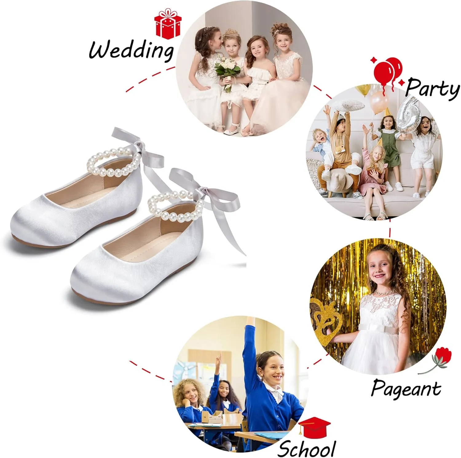 Toddler Flower Girl Dress Shoes - Little Girl Ballet Flats Pearl Strap for Wedding Party