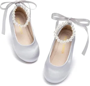 Toddler Flower Girl Dress Shoes - Little Girl Ballet Flats Pearl Strap for Wedding Party
