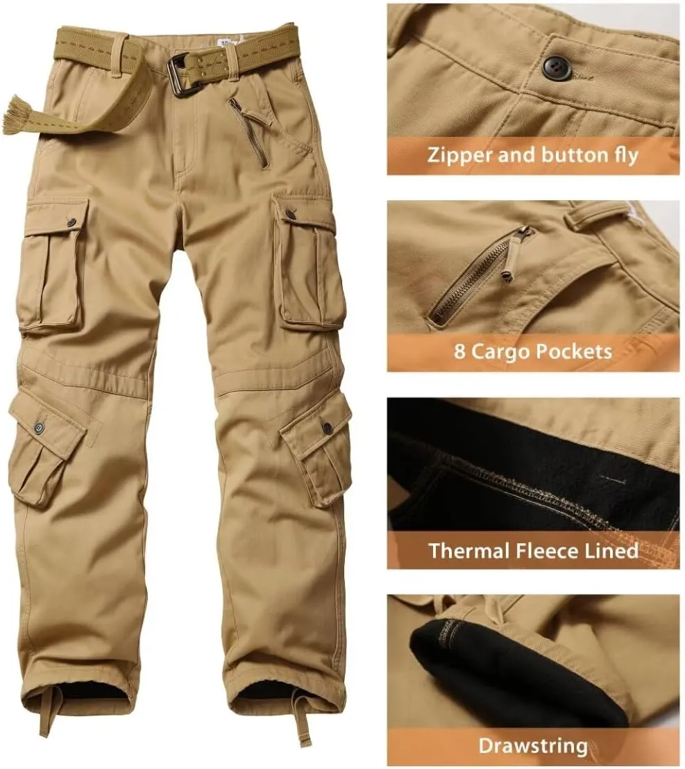 TRGPSG Men's Fleece Lined Hiking Pants Outdoor Windproof Outdoor Cargo Pants Casual Work Ski Pants with 8 Pockets