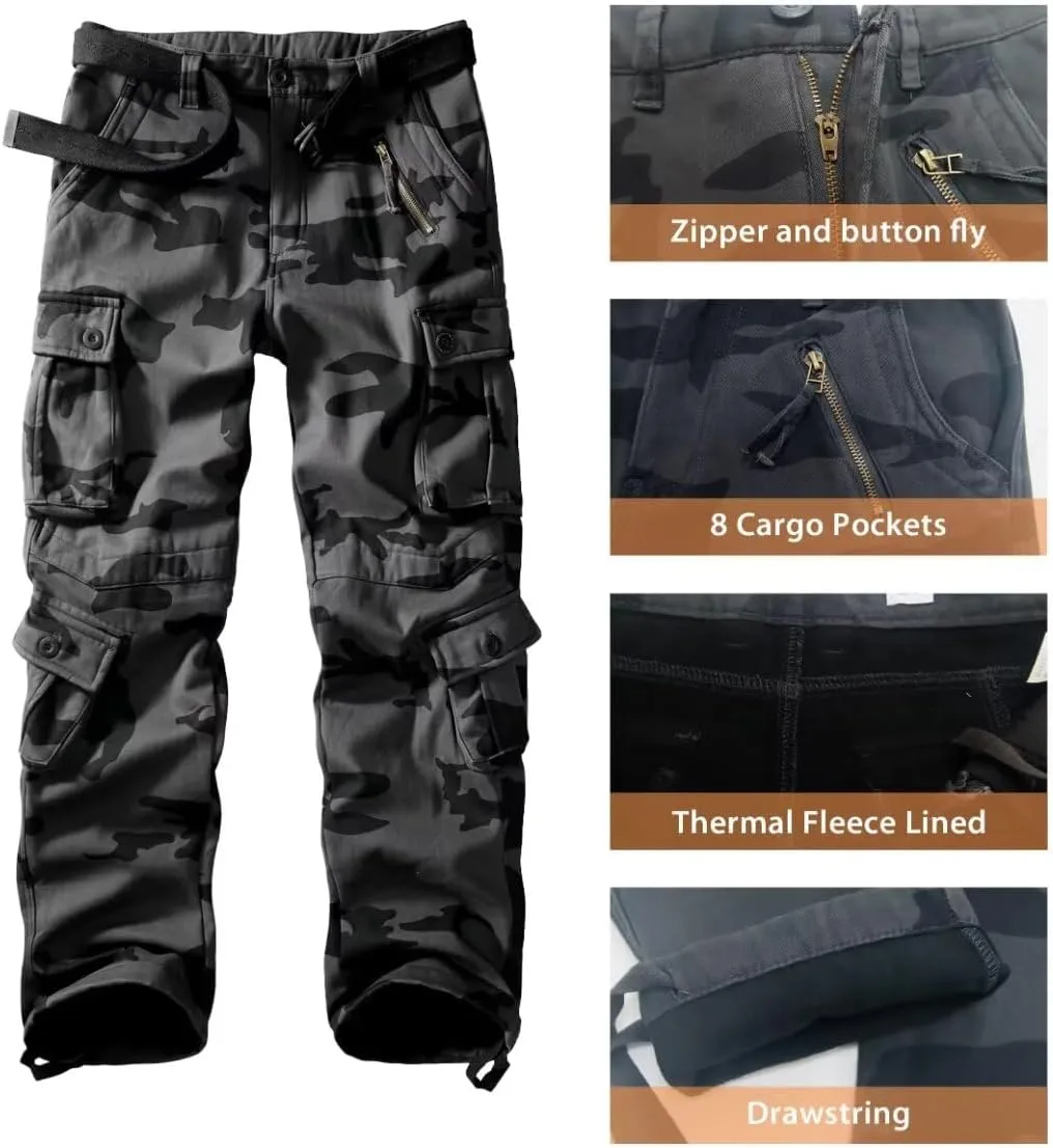 TRGPSG Men's Fleece Lined Hiking Pants Outdoor Windproof Outdoor Cargo Pants Casual Work Ski Pants with 8 Pockets