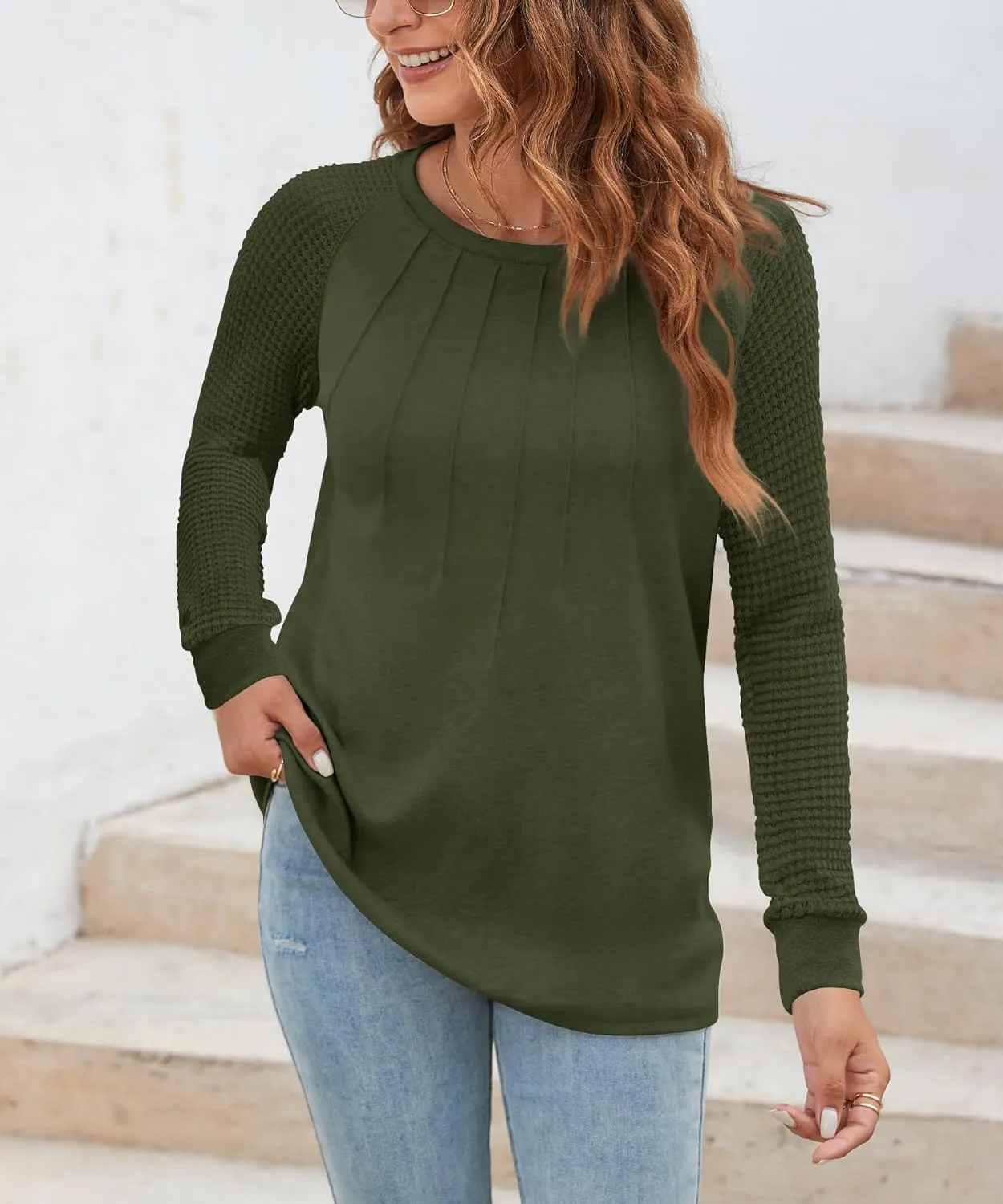 Women Long Sleeve Shirts Casual Tops Dressy Blouses Fashion Pleated Tunic