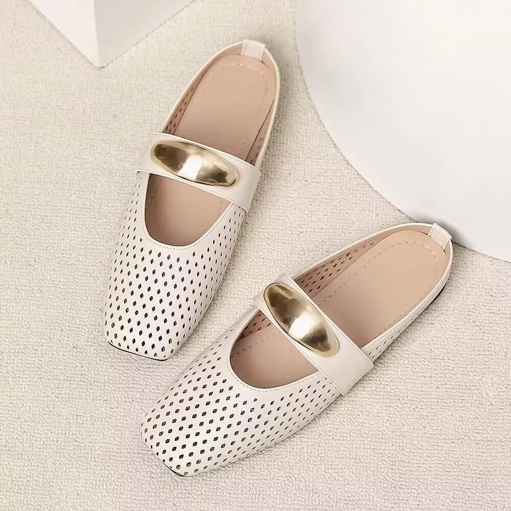 Women Mules Elegant Dressy Flats Closed Toe Microfiber Leather Shoes Adjustable Buckle Strap Mary Jane Casual Office Shoes