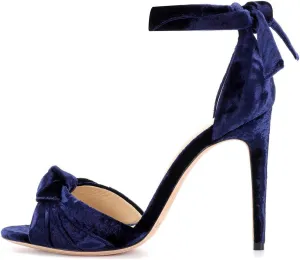 Womens Bow Tie Back Heels Close Toe Velvet Strappy Pumps Stiletto High Heels Wedding Shoes Ankle Strap Heel Sandals
