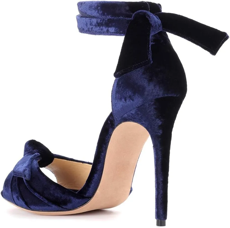 Womens Bow Tie Back Heels Close Toe Velvet Strappy Pumps Stiletto High Heels Wedding Shoes Ankle Strap Heel Sandals