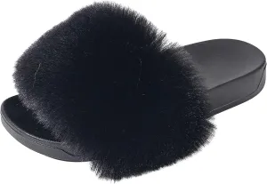 Women's Furry Slides Faux Fur Slides Fuzzy Slippers Fluffy Sandals Open Toe Cute Fur Slippers Slip On Fuzzy Slippers (Black,6.5-7)
