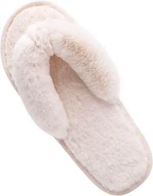 Women's Fuzzy Memory Foam Flip Flop Slippers Soft Comfy Open Toe Slip On Spa Thong Flat Sandals Ladies House Home Furry Sandal Slides Indoor Outdoor