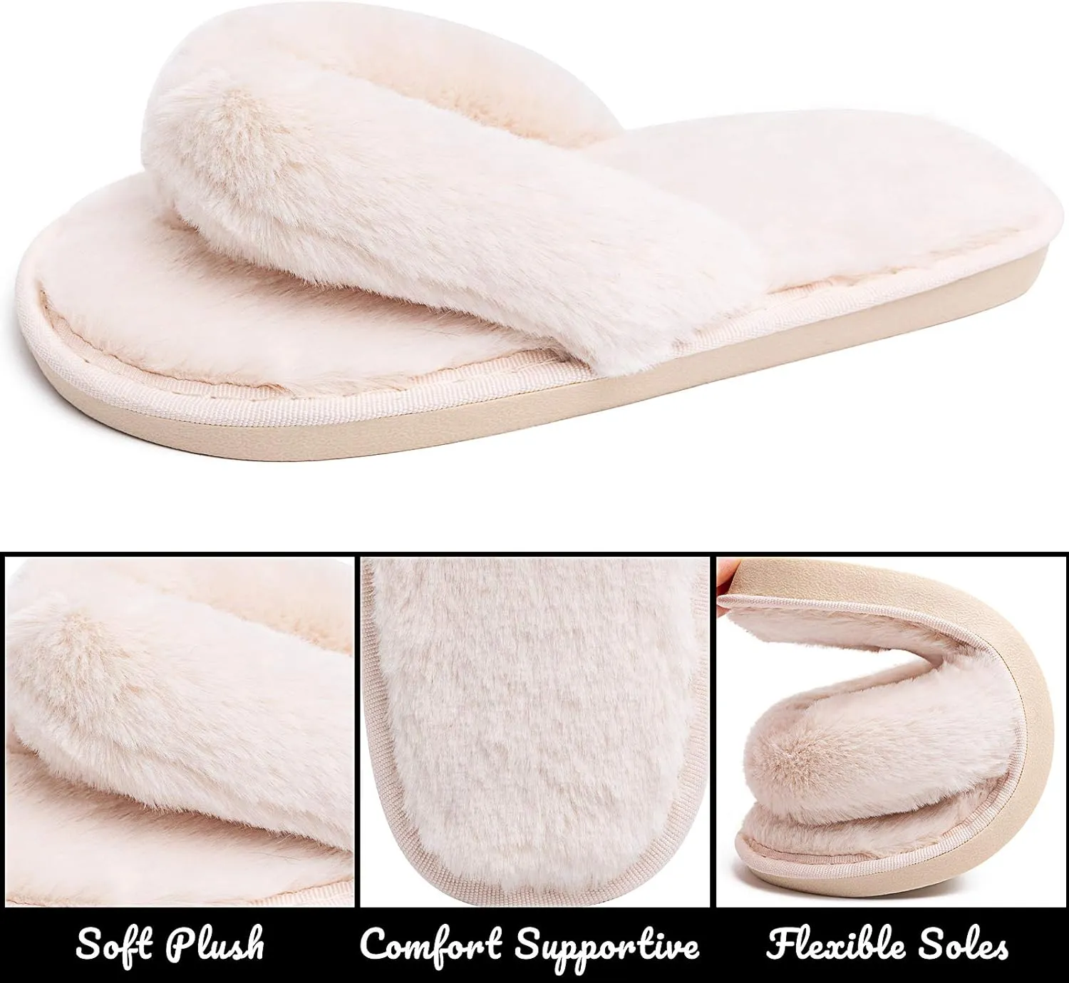 Women's Fuzzy Memory Foam Flip Flop Slippers Soft Comfy Open Toe Slip On Spa Thong Flat Sandals Ladies House Home Furry Sandal Slides Indoor Outdoor