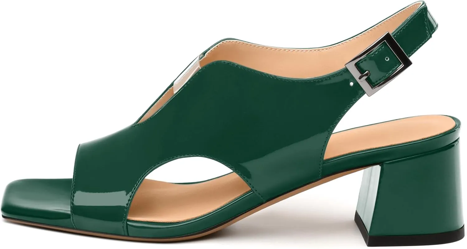 Womens Heeled Sandals, Square Peep Toe Mid Block Heel Slingback Sandals for Women, Leather Insole Chunky Heel Sandals with Buckle 2"