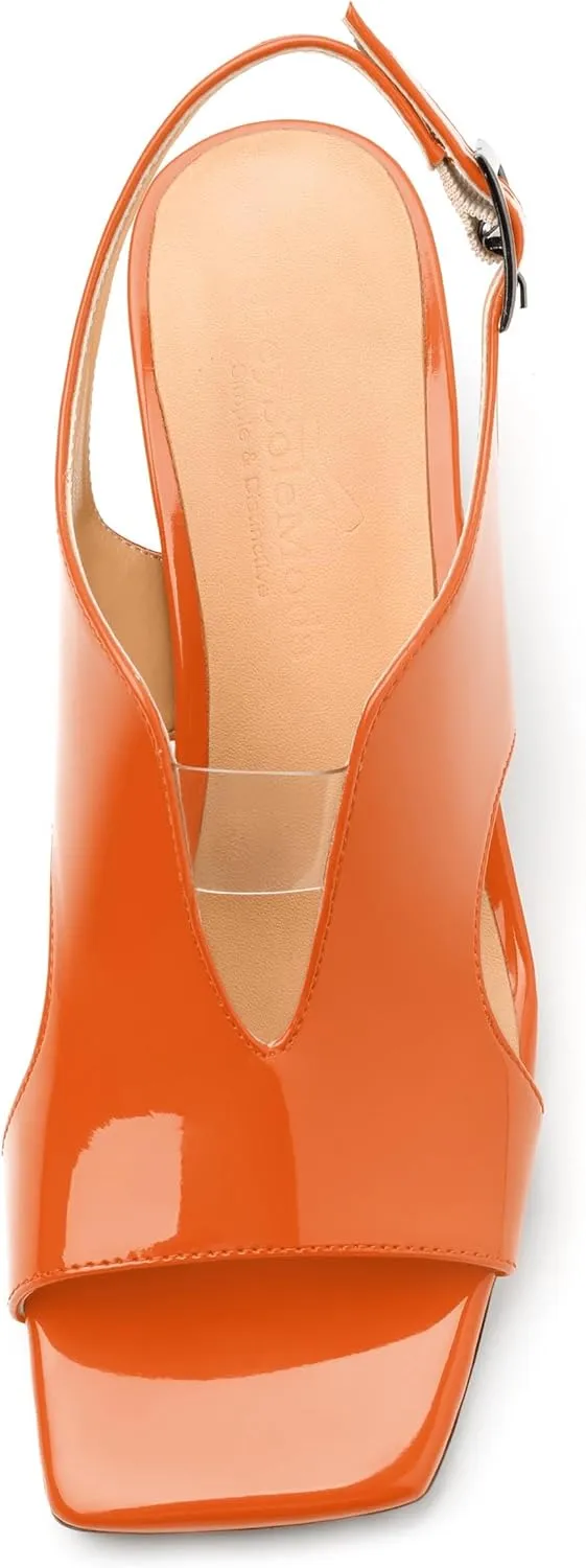 Womens Heeled Sandals, Square Peep Toe Mid Block Heel Slingback Sandals for Women, Leather Insole Chunky Heel Sandals with Buckle 2"