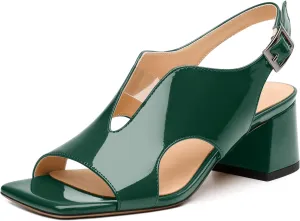 Womens Heeled Sandals, Square Peep Toe Mid Block Heel Slingback Sandals for Women, Leather Insole Chunky Heel Sandals with Buckle 2"