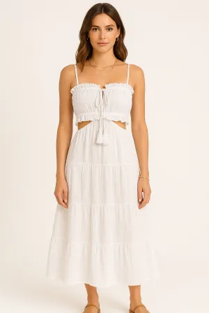 Women’s Maxi Sundress – Cotton Linen – High Waist – Boho Ruffle Tie Detail