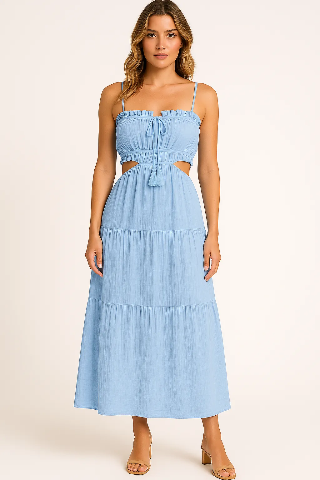 Women’s Maxi Sundress – Cotton Linen – High Waist – Boho Ruffle Tie Detail