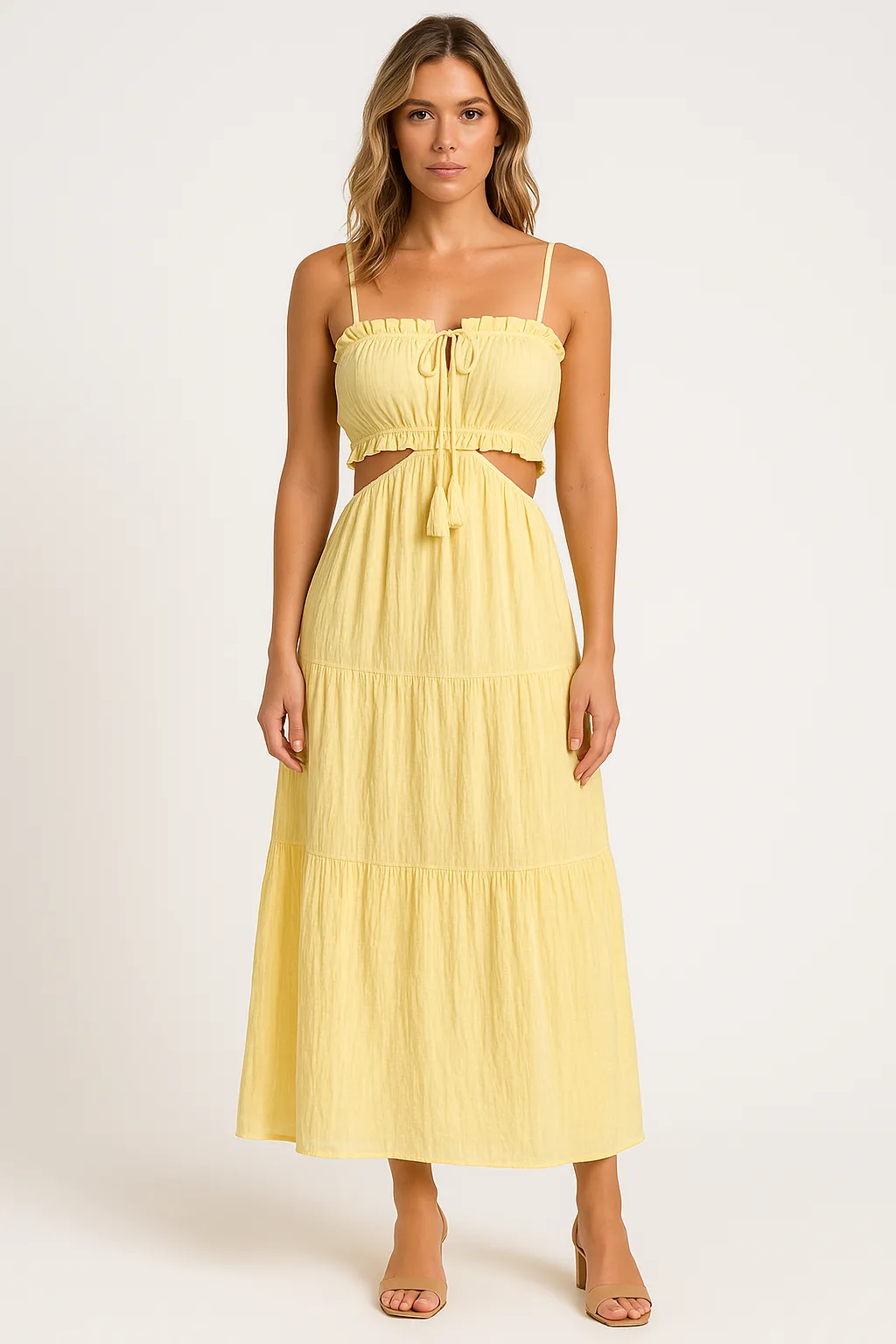 Women’s Maxi Sundress – Cotton Linen – High Waist – Boho Ruffle Tie Detail