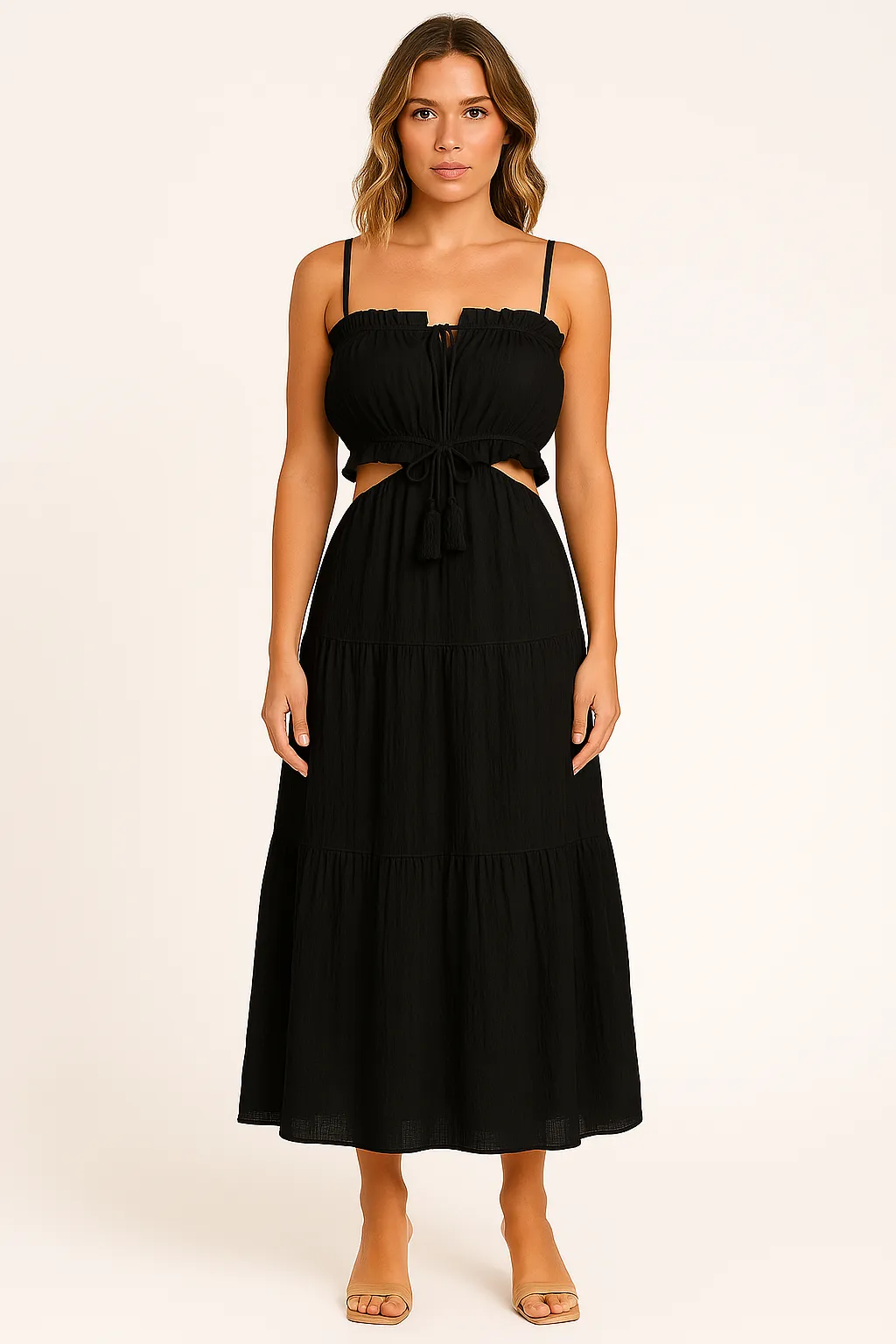 Women’s Maxi Sundress – Cotton Linen – High Waist – Boho Ruffle Tie Detail
