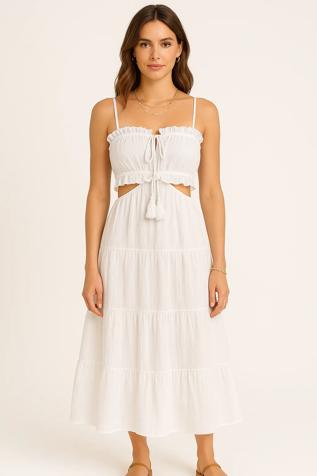 Women’s Maxi Sundress – Cotton Linen – High Waist – Boho Ruffle Tie Detail