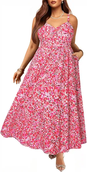 Women's Plus Size Summer Maxi Sun Dress Spaghetti Strap Ruched Bust Long Casual Sundress with Pockets